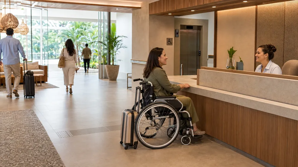 Quarto de hotel adaptado para acessibilidade, com espaço de circulação para cadeira de rodas
