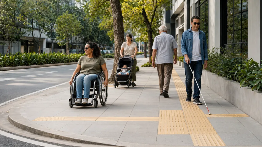 Calçada urbana com piso regular e rampa de acesso, ilustrando acessibilidade no passeio público