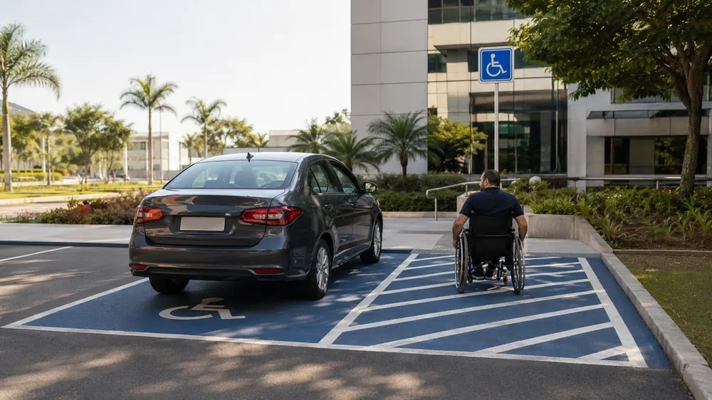 Vaga de estacionamento reservada para pessoas com deficiência, com faixa hachurada de sinalização